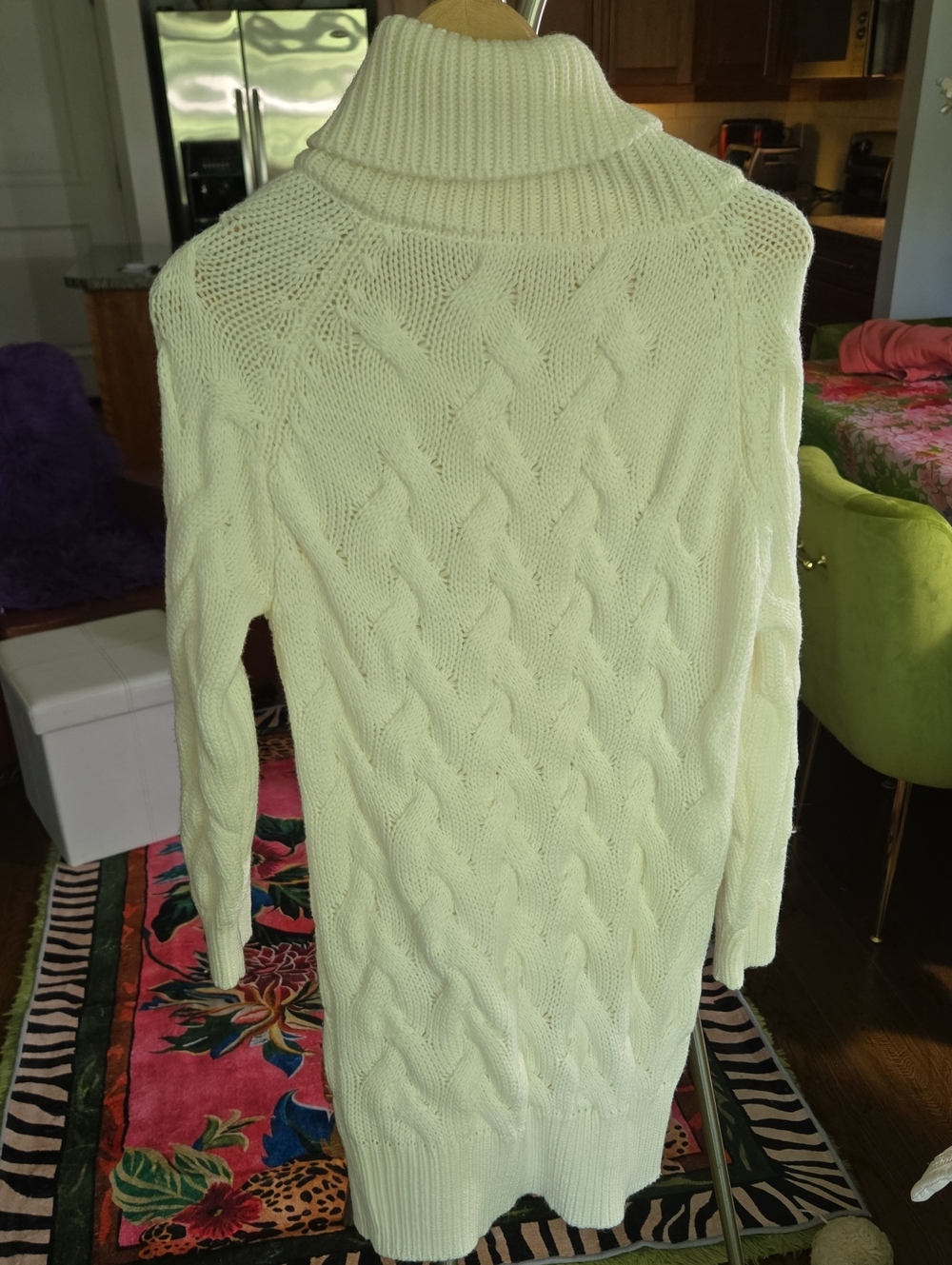 Turtleneck Cable Knit Sweater Dress - Cream